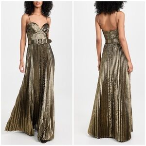 New Rebecca Vallance Josie Metallic Plisse Lame Gown Maxi Dress Gold Sz 12